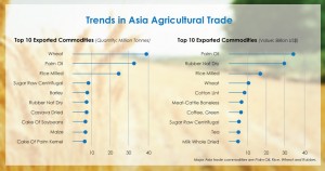 Top 10 Exported Commodities (Quantity: Million Tonnes), Major Asia trade commodities are Palm Oil, Rice, Wheat and Rubber.